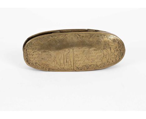 A 16th Century Dutch brass tobacco box, the cover with inscription, dated 1556, the base with inscription 'Vivat de Prins van