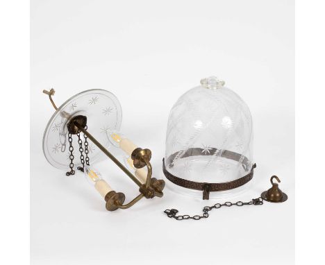 An etched glass domed hall lantern, 20th Century, with metal mounts, approximately 50cm high