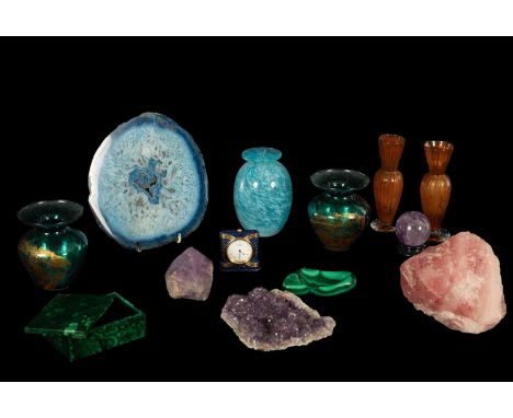 A mixed lot to include a malachite box, dish, various quartz and rock crystals, 20th Century glass, including a pair of vases