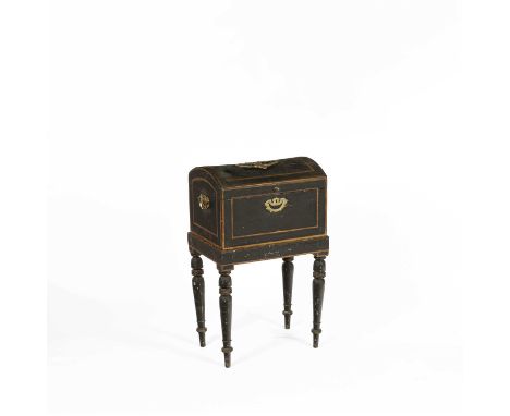 A 19th Century small painted trunk, with applied brass decoration to the domed cover, brass handles and lock plate, on a stan