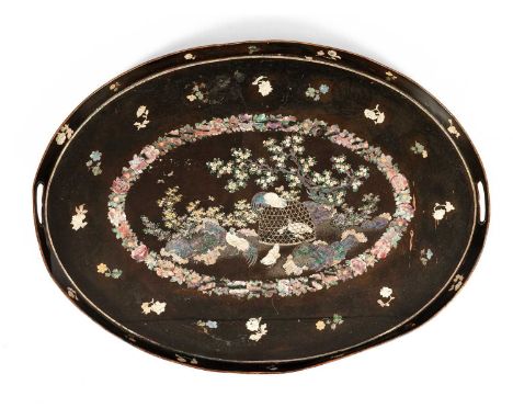 A Victorian papier-mâché oval tray, with mother-of-pearl inlay of chickens amongst blossoms within a garland surround, two pi