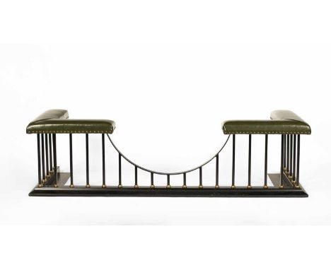 A contemporary club fender with green leather upholstery on a black frame, 185cm wide, 61cm deep, 50cm highInternal base meas