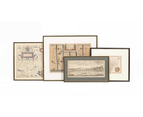Four framed decorative maps to include one of Devonshire, a reproduction of Saxton's map of Cornwall 1576, a map of the 'Road