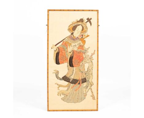 A Chinese silkwork picture 20th Century, of a lady with a deer, within a faux bamboo carved frame, 60cm wide, 120cm highSilk 