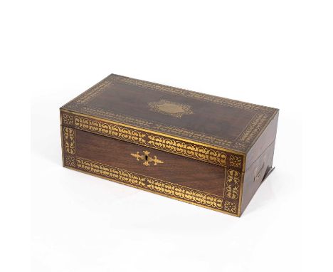 A late Georgian rosewood and brass bound writing slope, the interior with various compartments, two inkwells, two gilt metal 
