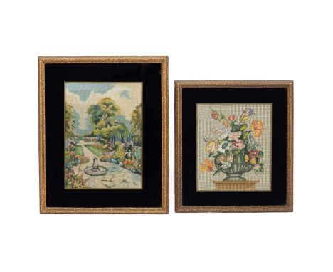 ARR Elsie Frederica Stokes (1904-1974) two woolwork embroideries, garden with sundial and flowers in an urn on a pedestal, on