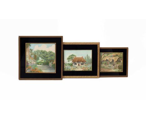 ARRElsie Frederica Stokes (1904-1974) three silk embroideries, two country cottage scenes, castellated housed with garden and