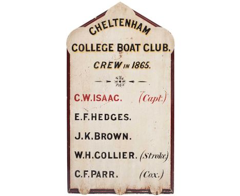 A Victorian rowing club wall hanging sign Cheltenham College, dated 1865, listing crew names in black and red against white p