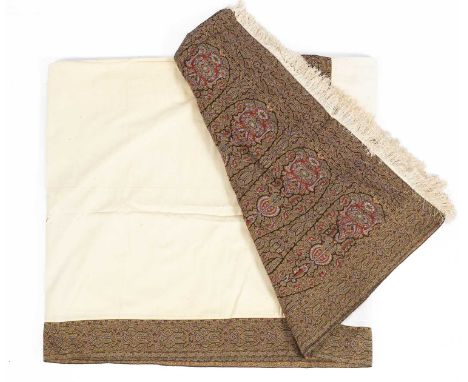 A European shawl of Kashmir design, the plain white central field with paisley borders, 277cm x 139cmCentral cream panel with
