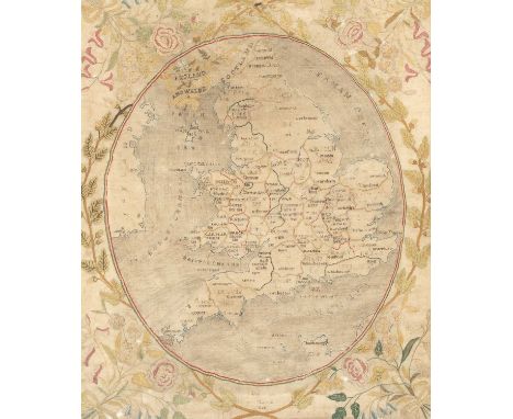A silk work map sampler, 19th Century, England and Wales, name and date worn, within a floral border, 52cm x 43cm