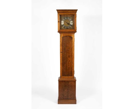 A thirty-hour longcase clock, the square 10" brass dial signed G Thatcher, Cranbrook, with brass cased weight and bell, in a 