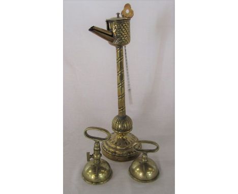 19th century brass oil lamp filler on stand &amp; Victorian brass Magdeburg hemispheres with oval loop handles and brass spig
