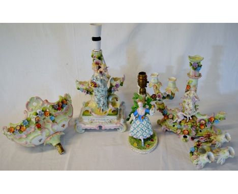 Early 20th century porcelain figural centre piece converted to a lamp, 6 branch candelabra &amp; a lamp.&nbsp; Damage, repair