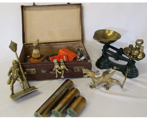 Small suitcase containing brassware, set of scales &amp; weights, cigarette case etc.