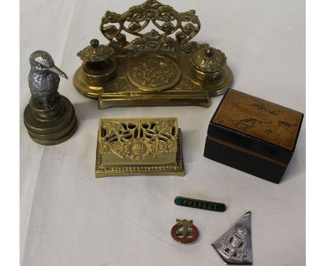 Brass ink stand, stamp box, Anchor cotton box, Kingfisher car mascot, Army Ordnance badge etc
