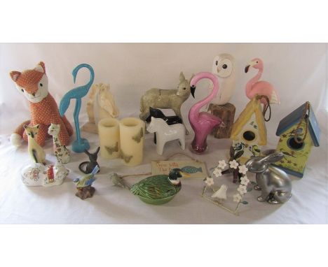 Various animal related ceramics and glassware etc inc glass flamingo, bird houses and fox door stop