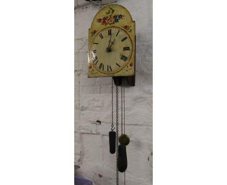 German 'Wag on the wall' clock, the case painted with flowers against a white background 28 cm x 22 cm x 40 cm