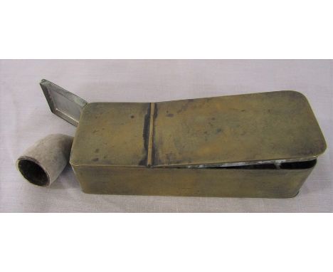 Late 18th century brass tobacco box with fitted pipe (pipe af) with a hinged lidded compartment for tobacco