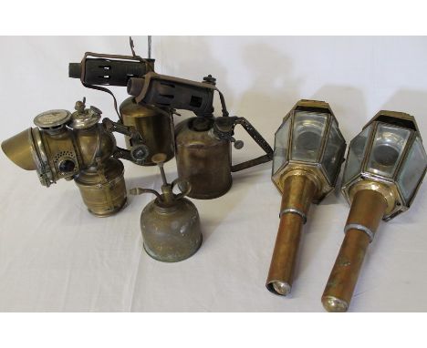 Selection of brassware including 2 blowlamps, 2 coach lamps &amp; Lucas acetyphone carbide lamp
