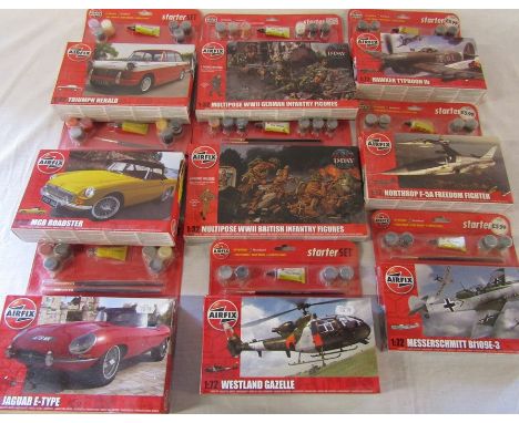9 Airfix starter model kits inc 1:72 Westland Gazelle, 1:32 Jaguar e-type and 1:32 multipose WWII British and German infantry