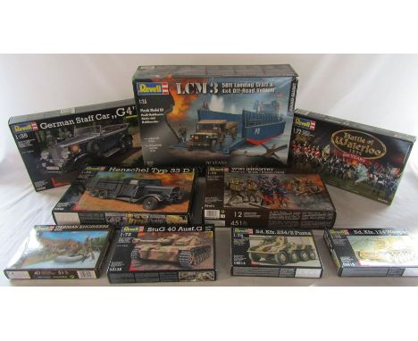Selection of Revell model kits inc LCM3 D Day, Battle of Waterloo, German Staff car &amp; WWI infantry