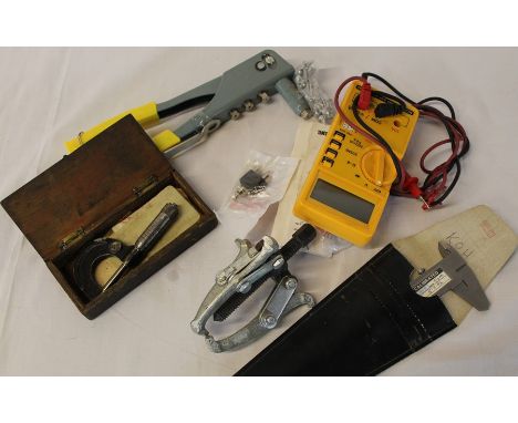 Small box of tools including engineers micrometer, Vernier gauge, multimeter etc.
