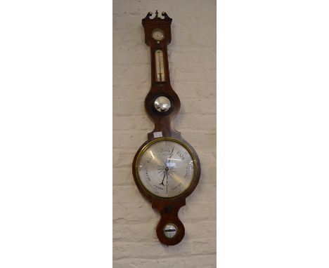 19th century wall barometer 'P Catteneo Croydon' with mahogany veneer &amp; box wood stringing (crack to spirit level glass c