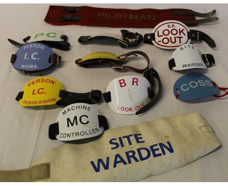 Selection of railway armbands including Pilotman cloth armband, enamel &amp; plastic