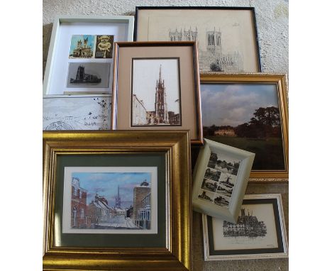 Selection of Lincolnshire interest items including framed Alford postcards, Lincoln cathedral prints, Horncastle golf club pr