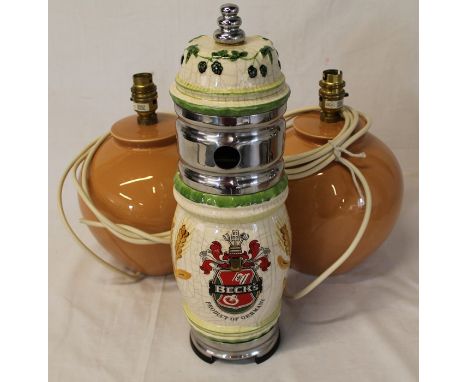 Pair of table lamps &amp; Beck's ceramic beer pump