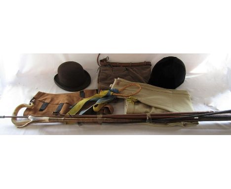 Various sticks and riding crop, champion professional jockey skull cap size 5 (62-63 cm), bowler hat size 7 1/4, Caldene bree
