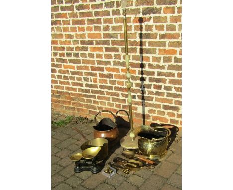 Standard lamp with onyx base &amp; various copper and brass inc scales and coal buckets