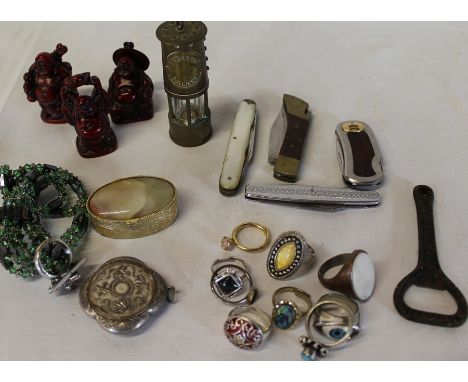 Selection of miscellaneous collectables including penknives, miniature Thoresby Colliery coal miners lamp etc.