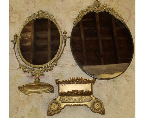 Decorative brass dressing table mirror, brass mounted wall mirror &amp; letter rack / ink stand