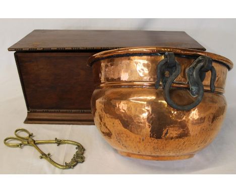 Mahogany box, copper planter &amp; pr of brass tongs