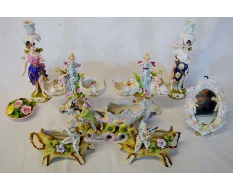 Pair of Meissen style porcelain figural candlesticks, figural posy vases, mirror etc (some damage)&nbsp;&nbsp;