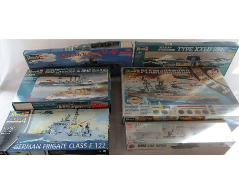 6 Revell and Airfix model boat kits inc Pearl Harbour, German u-boat U47, German frigate class F122 &amp; HMS Ark Royal
