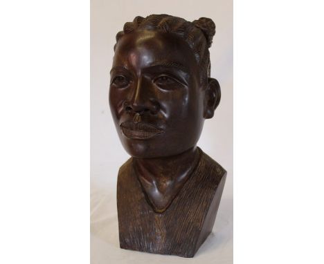 Carved hardwood bust of an African head signed Masimba K Musoro height 33cm