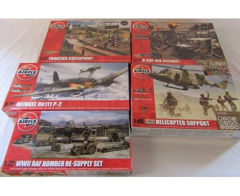 Airfix model kits inc Frontier checkpoint, D-day sea assault, WWII RAF bomber re-supply set and British Forces helicopter sup