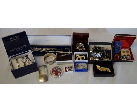 Selection of mainly white metal jewellery including Mackintosh style watch, bracelets &amp; handbag mirror etc