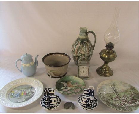 Various ceramics inc Glynn Colledge Denby jug, Wedgwood teapot, Tally Ho 'The kill' plate by Johnson Bros &amp; brass oil lam