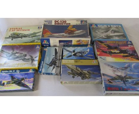 Selection of Italerie model kits inc Gulf War Jaguar A, DC-130 Director, Douglas C-47 skytrain &amp; Spitfire mk VI