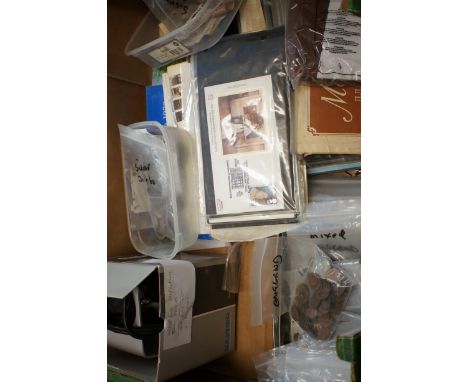 Large box of coins, stamps, first day covers & other collectables 