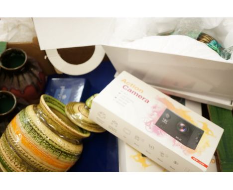 Large unsorted mixed box to include action camera x2, art glass model of a fish & other collectable items 
