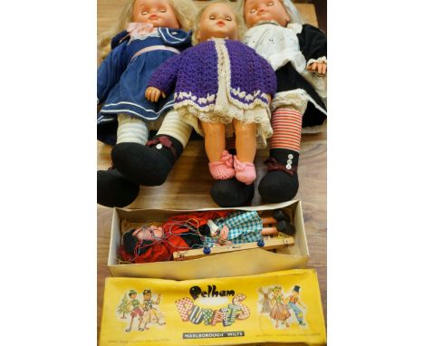 3x Vintage dolls with additional clothing & Pelhum puppet red riding hood 