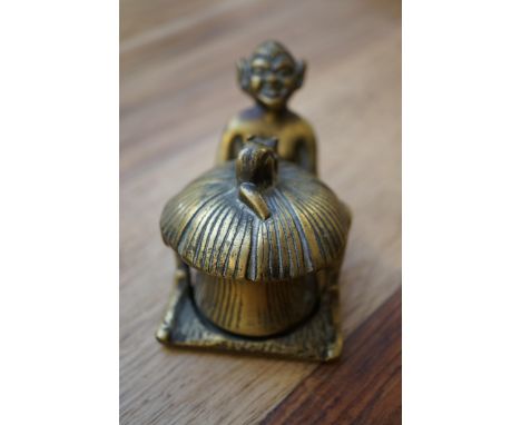 Brass Pixie inkwell with original ceramic ink pot 