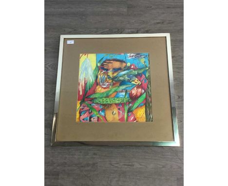 R MAIN,MR MIAMI BEACH,mixed media on paper, signed and titled,overall size 62cm x 62cm,Mounted, framed and under glass