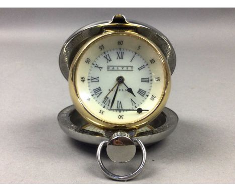 DALVEY CHROME HUNTER CASED POCKET WATCH WITH ALBERT,along with a Dalvey travel clock (2)