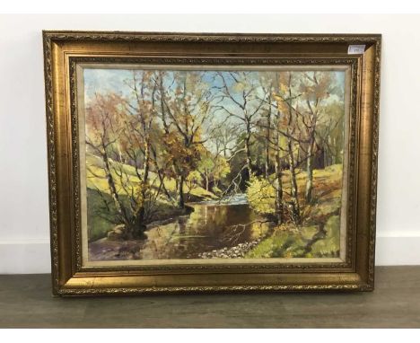 R THOMSON,FIDDICH GLEN, STOCKIEMUIR,oil on board, signed, titled label verso,image size 45cm x 61cm, overall size 62cm x 77cm
