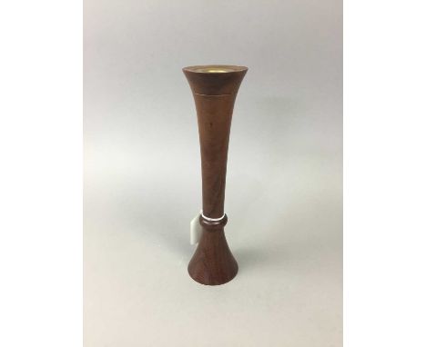 SCANDINAVIAN TREEN CANDLESTICK,24cm high, along with three coloured glass vases and a clear glass bud vase (5)